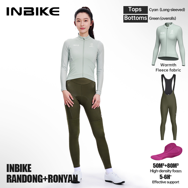 Cycling Gear For Winter - INBIKE 冬用フリースサイクリングジャージセット（女性用）袖付きサーマルトップ、ポケット付き、通気性のあるハイウエストビブパンツ、自転車ウェア