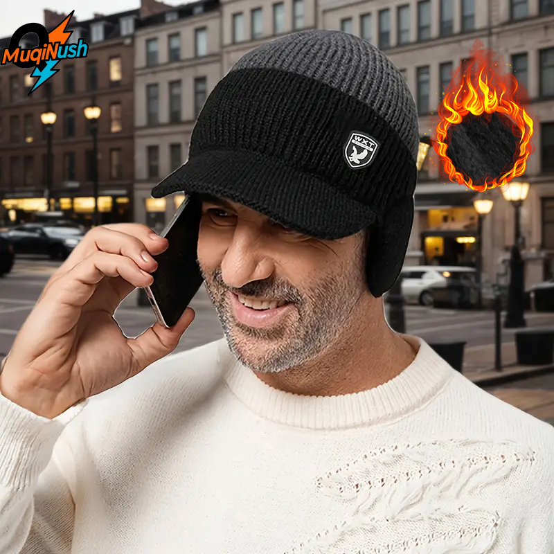 Cycling Gear Cold Weather - MuqiNush 冬用暖かいビーニー イヤーフラップ付き フリース裏地付きニット帽 風防付きアウトドアスキーキャップ つば付き
